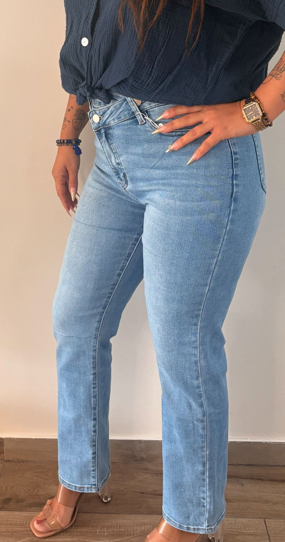 Jeans fermeture asymétrique bleu