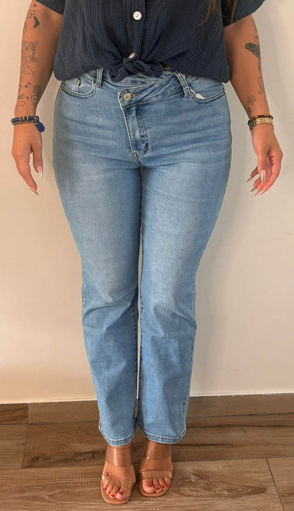 Jeans fermeture asymétrique bleu
