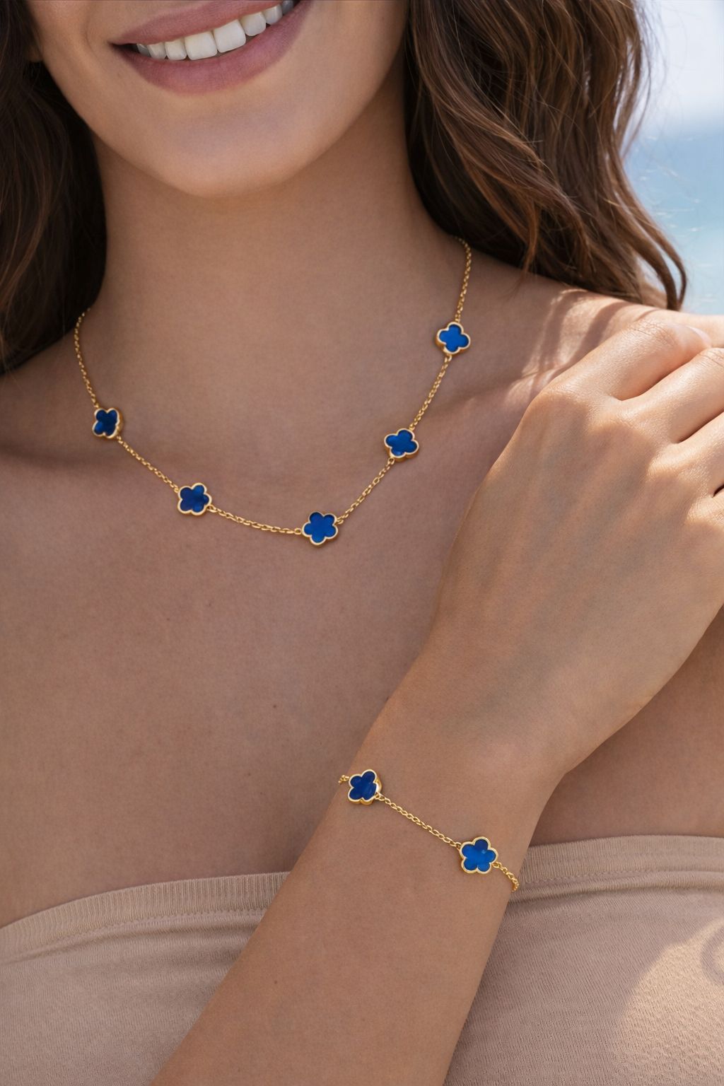Parure Trèfle Bleu – Acier Inoxydable